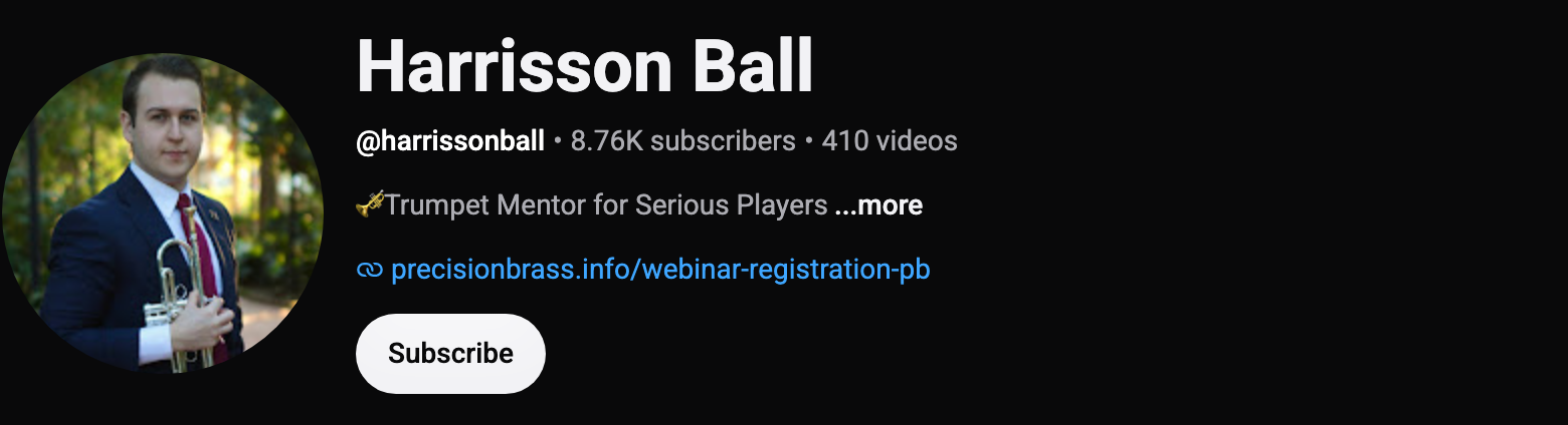 Harrisson Ball on YouTube, trumpet mentor, 8.76K subscribers