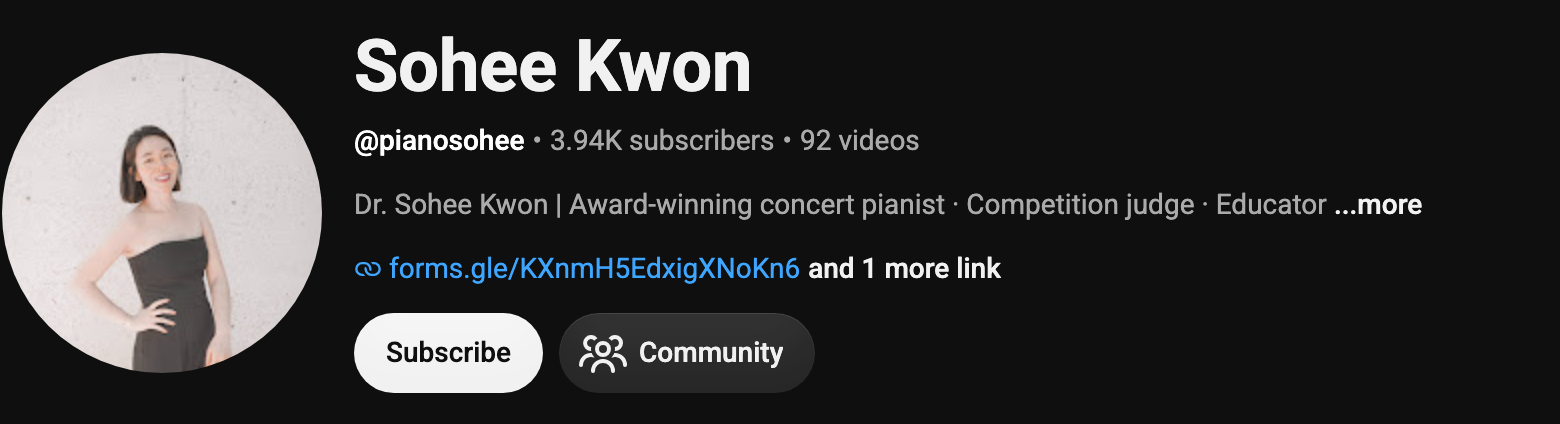 Sohee Kwon on YouTube, concert pianist and educator, 3.94K subscribers