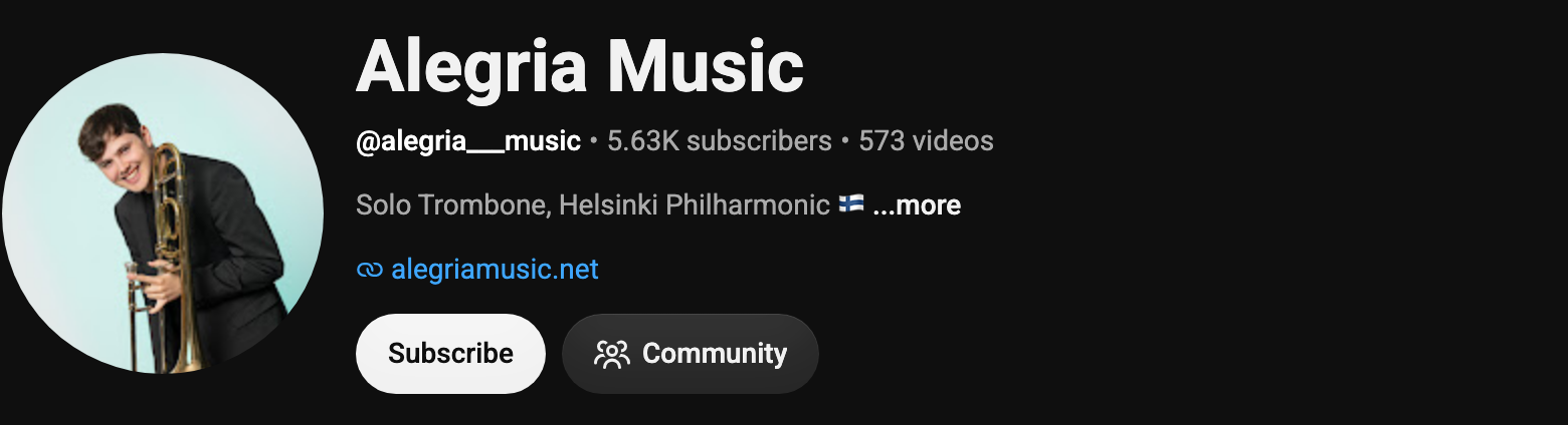 Alegria Music on YouTube, solo trombone, Helsinki Philharmonic, 5.63K subscribers