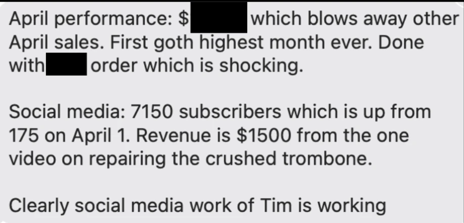 Robinson's Remedies message: April performance: $(amount hidden) which blows away other April sales. First goth highest month ever. Done with (number hidden) order which is shocking. Social media: 7150 subscribers which is up from 175 on April 1. Revenue is $1500 from the one video on repairing the crushed trombone. Clearly social media work of Tim is working