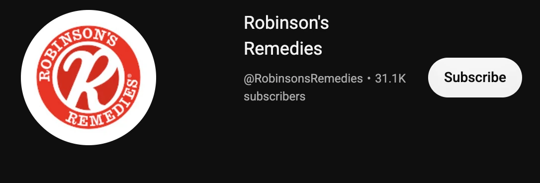 Robinson's Remedies YouTube channel: @RobinsonsRemedies, 31.1K subscribers