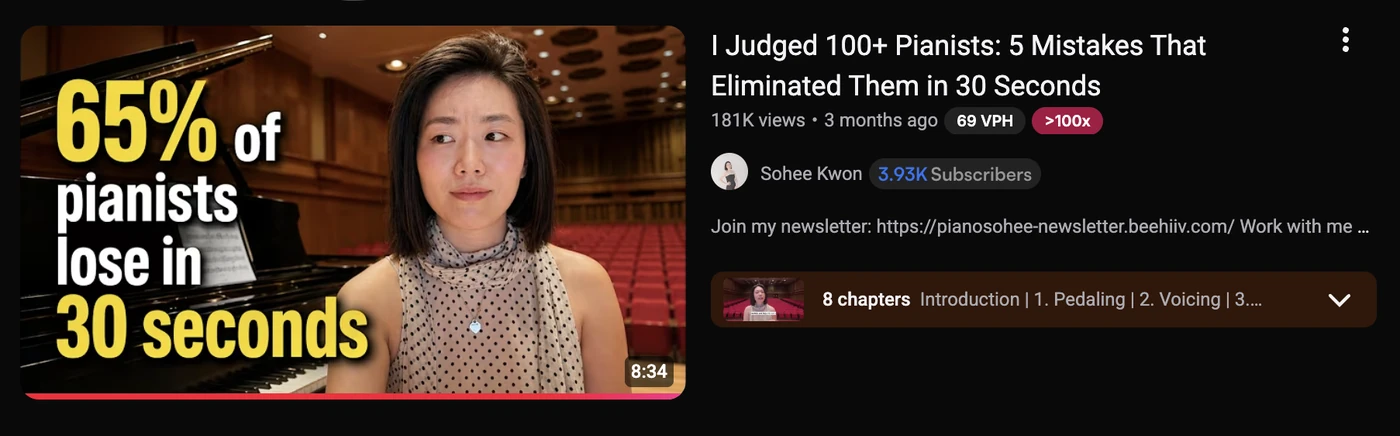 Sohee's YouTube video: I Judged 100+ Pianists: 5 Mistakes That Eliminated Them in 30 Seconds, 181K views