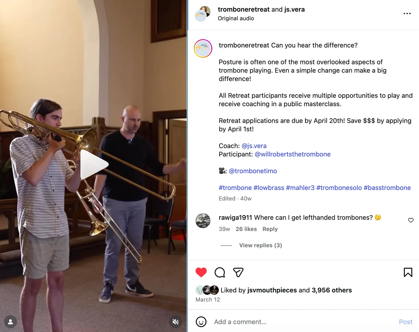 Third Coast Trombone Retreat Instagram post, liked by 3,956 others