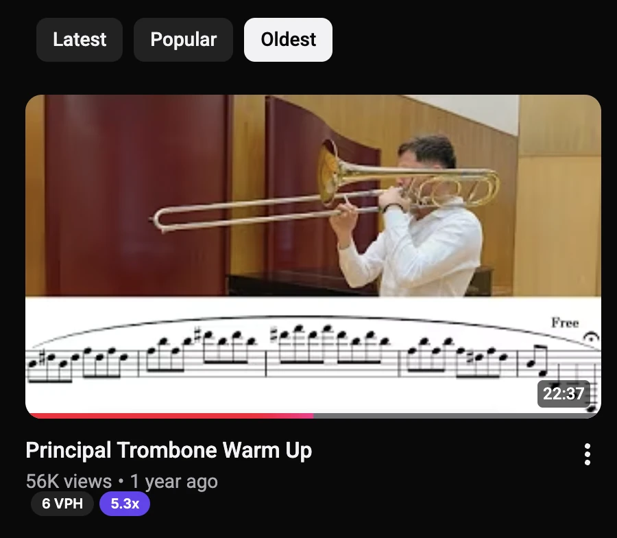 Victor's YouTube video: Principal Trombone Warm Up, 56K views
