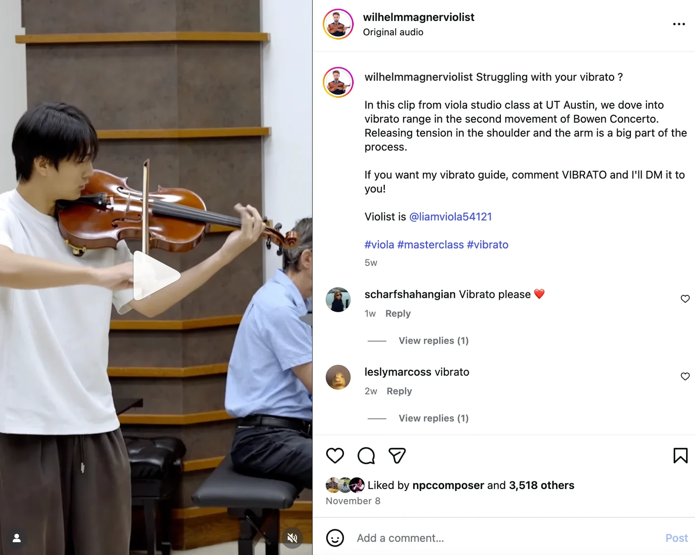 Wilhelm's Instagram post from viola studio class at UT Austin, liked by 3,518 others