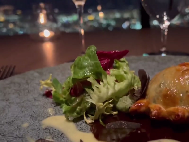 A pie course with the night view behind